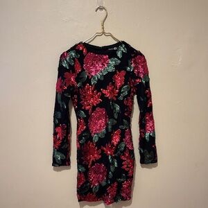 Boohoo Black Dress with Red and Green Floral Sequins